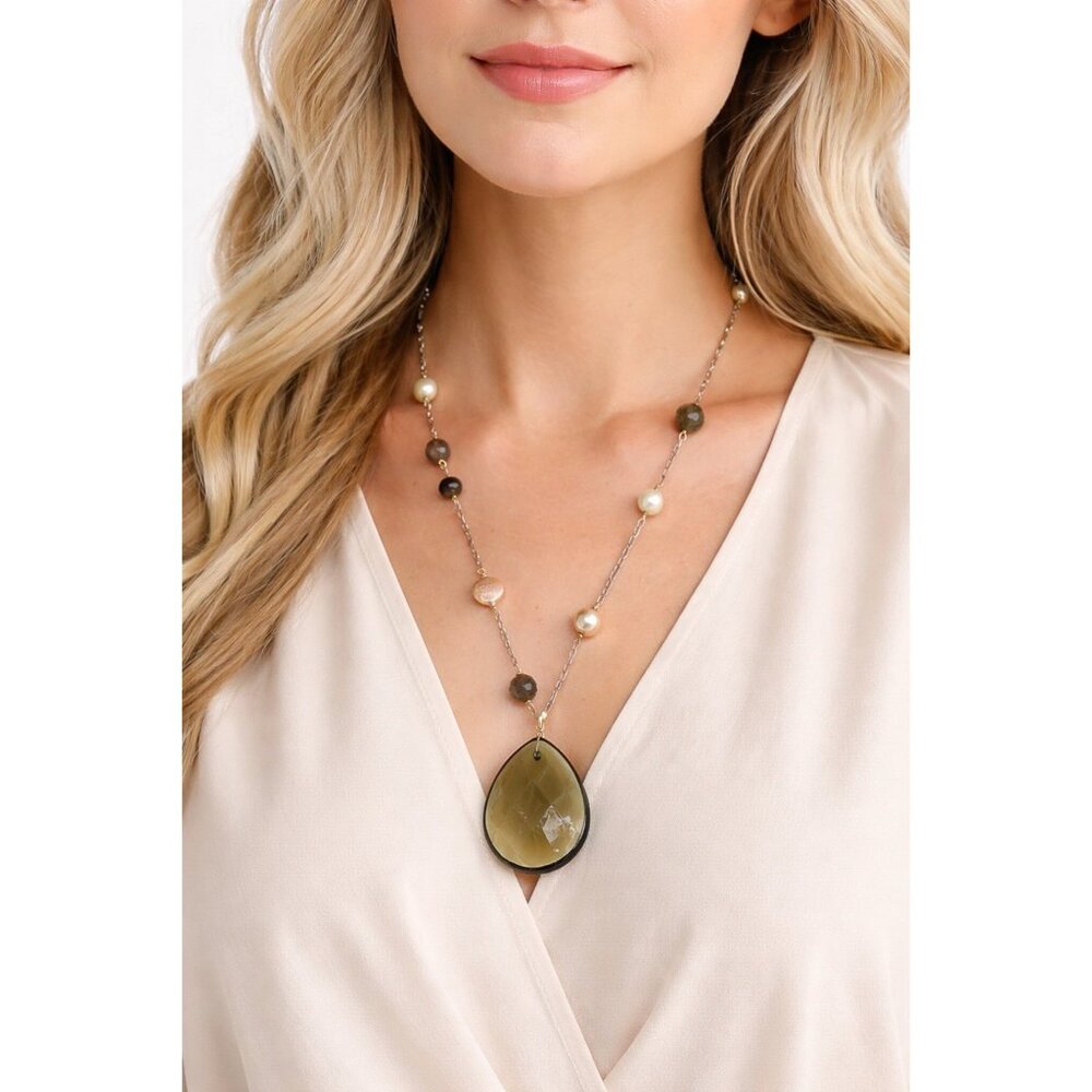 Boho Statement Pendant Necklace Faceted Olive Green Glass Teardrop Pearls Beaded
